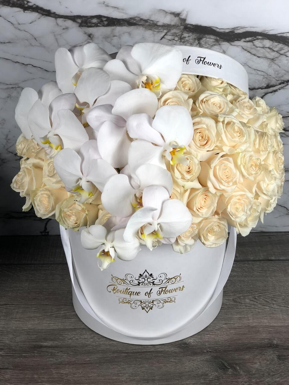 white cream rose and orchid round box